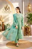 Pakistani Green Embroidered Kurta Set with Chiffon Dupatta