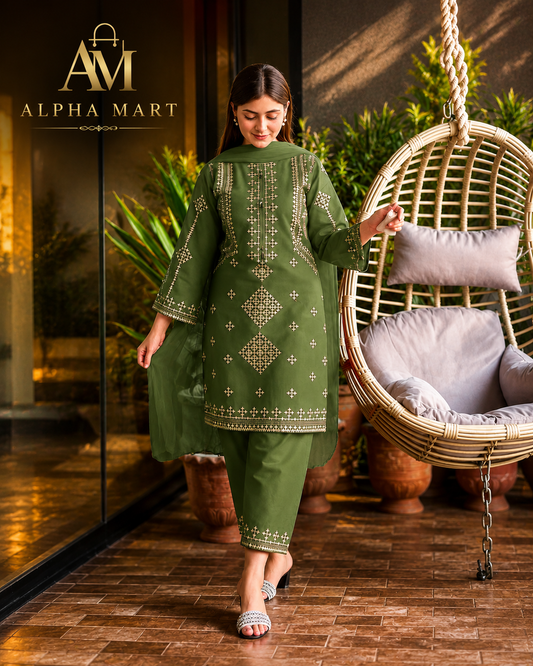 3 Pcs Women's Stitched Cotton Sequins Embroidered Suit