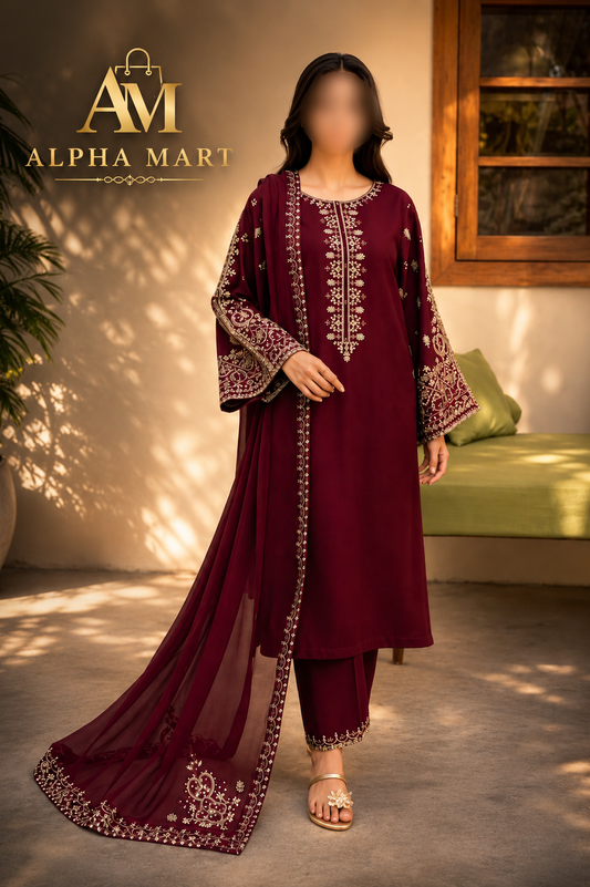 3 Pcs Women's Unstitched Embroidered Suit