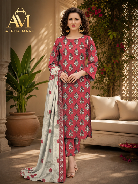 Women's 3-Piece Printed Lawn Suit Red
